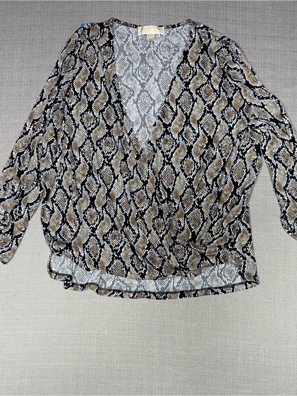 Michael Kors Snake-Print Wrap Blouse in Beige and Black